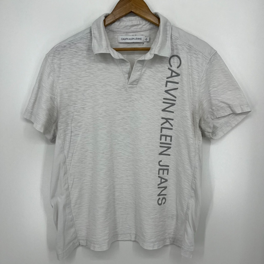 Calvin Klein Jeans Mens White Slub Knit Logo Graphic Polo Shirt Large